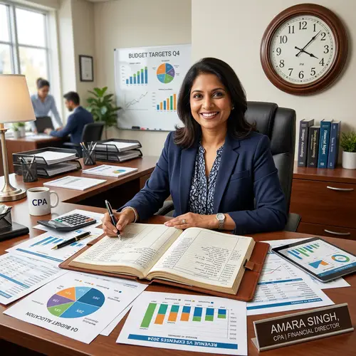 Efficient Budget Management & Accounting Excellence | Professional South Asian Woman at Desk