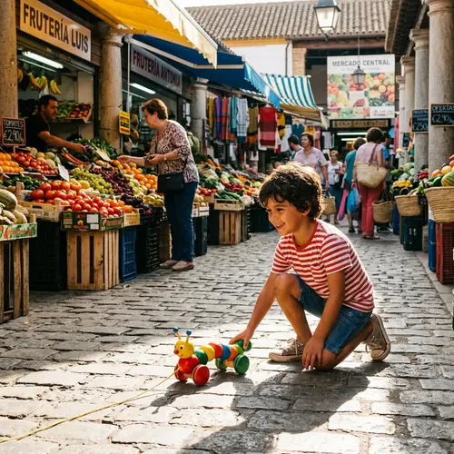 Young Spanish Boy Playing with Traditional Wooden Toy in Colorful Local Market