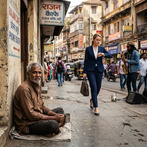 Engaging City Scene with South Asian Beggar and Businesswoman