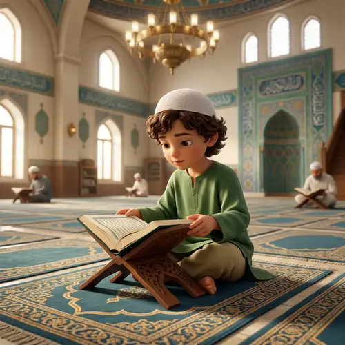 3D Elementary School Child Studying in Mosque with Quran