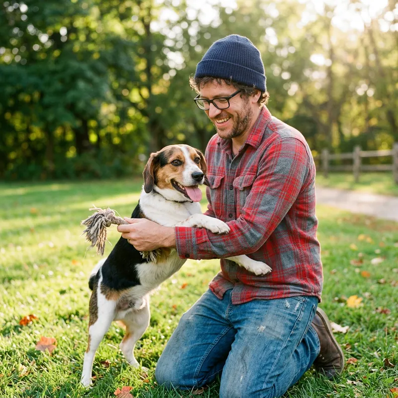 Man in Cap Playing with White, Black, Brown Dog