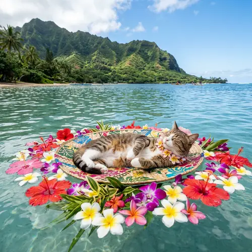 Cat Relaxing on Water with Hawaiian Flowers