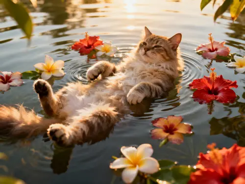 Cat Relaxing on Water with Hawaiian Flowers
