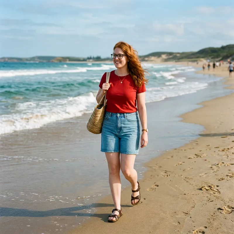 Stylish Redhead Woman in 20s Strolling on Beach