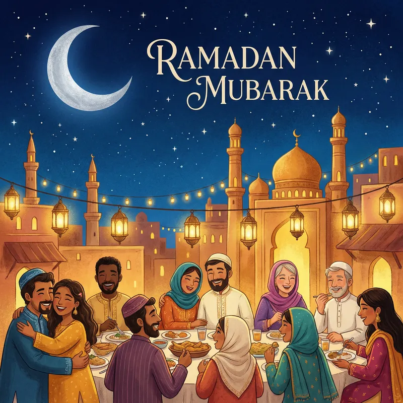 Ramadan Greetings: Multicultural Cityscape Celebration Image