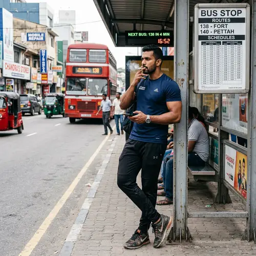 Muscular South Asian Man Smoking at Bus Stop