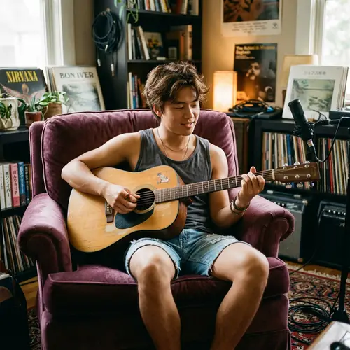 Asian Male Musician Seated in Plush Armchair | Short Tank Top Shorts