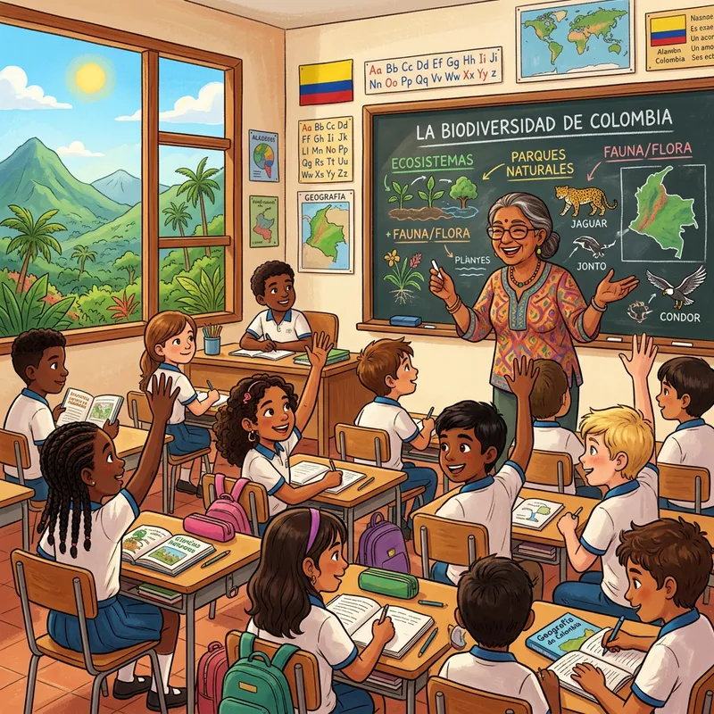 Vibrant Classroom Scene in Colombia | Student Diversity Illustration