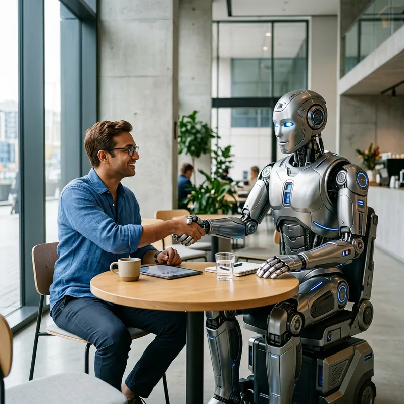 Robot Interacts with South Asian Male Human at Wooden Table