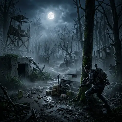 Eerie Battle Royale Scene: Misty Forest & Abandoned Structures