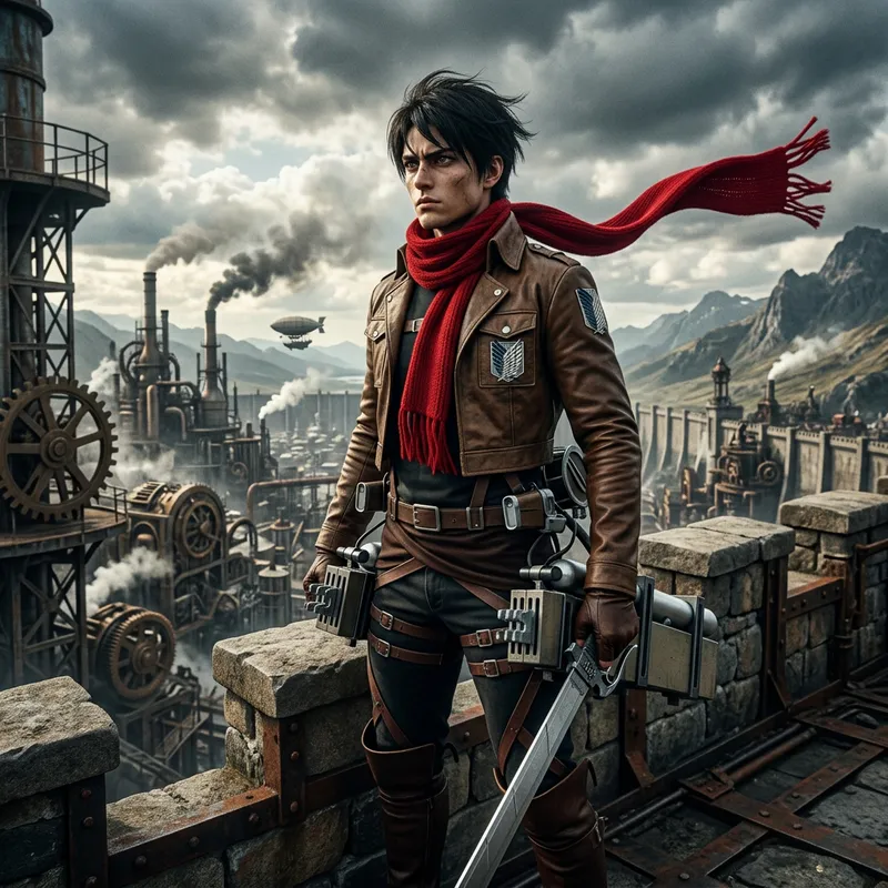 Male Mikasa: Steampunk Soldier with Red Scarf