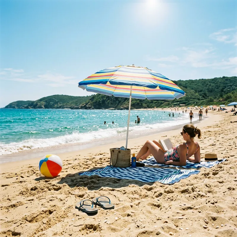Sunny Beach Scene: Beautiful View with Parasol and Beach Ball