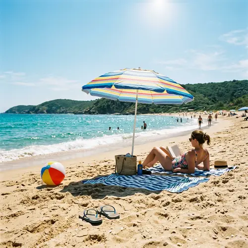 Sunny Beach Scene: Beautiful View with Parasol and Beach Ball