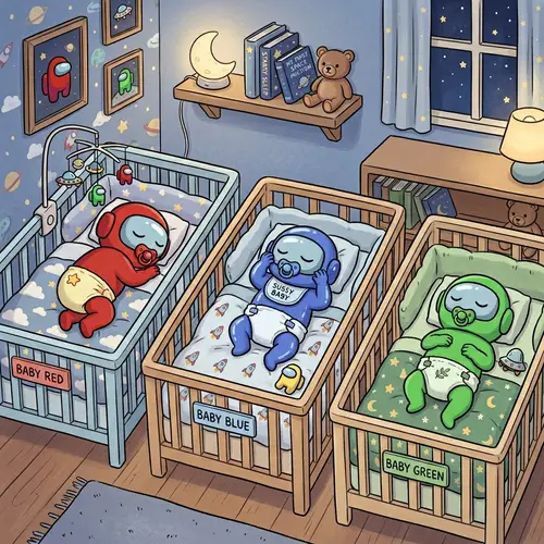 Newborn Among Us Caricatures Sleeping in Cribs