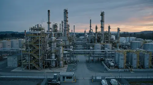 Cinematic Industrial Processing Facility at Dawn