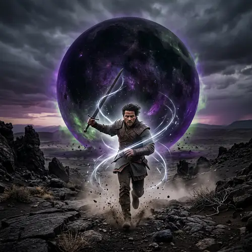 Epic Battle: Man vs. Giant Dark Sphere in Desolate Landscape