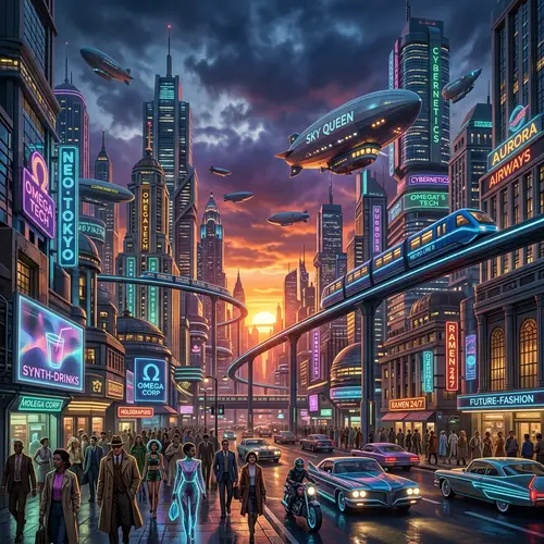 Retro-Futuristic Cityscape: Vibrant Skyline & Neon Lights