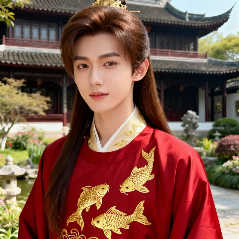 Handsome Man in Red Hanfu: Chinese Aesthetic