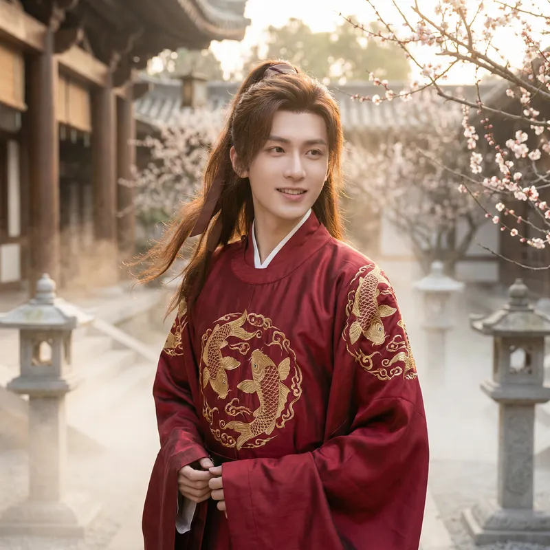 Handsome Man in Red Hanfu: Chinese Aesthetic