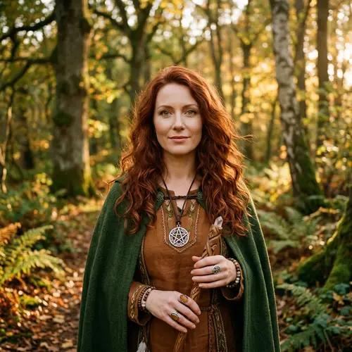 Red Headed Female Pagan in Tranquil Forest | Spiritual Portrait