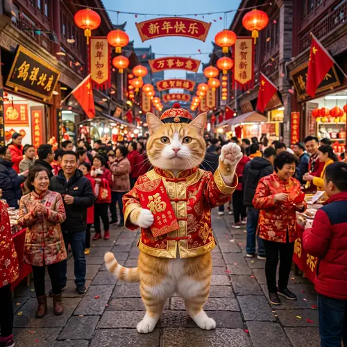 Happy New Year Wishes from Yellow and White Cat in Chinese Attire