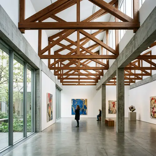 Contemporary Art Gallery: Concrete & Wood Beams