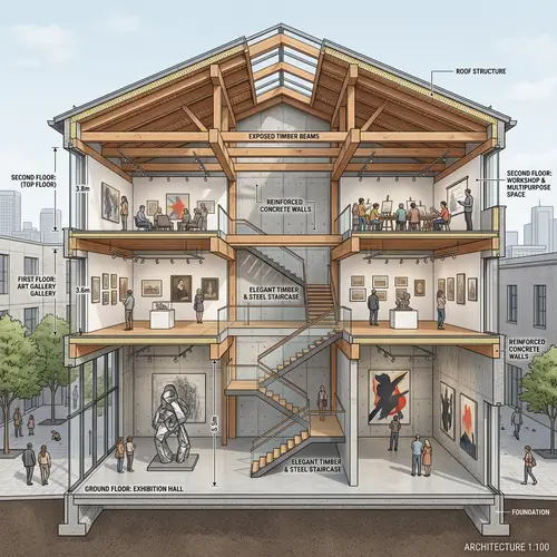 Gallery Building Architectural Section with Concrete and Wood Beams