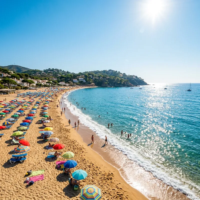 Golden Beach Umbrellas under Clear Blue Sky | Serene Shore View Golden Beach Umbrellas under Clear Blue Sky | Serene Shore View