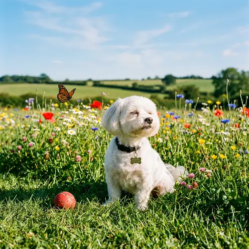 Tranquil White Dog in Meadow with Flowers | Pet Life Serenity