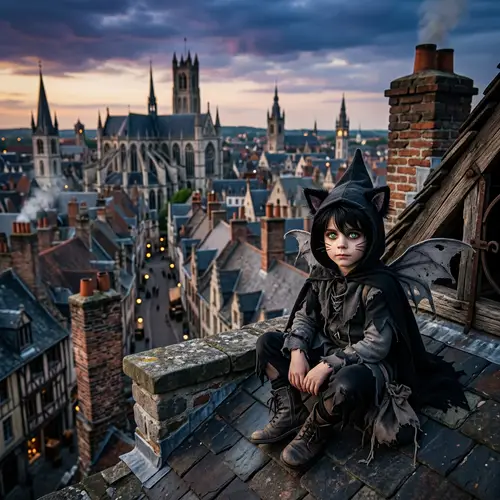Captivating Young Boy in Fairy Outfit on Medieval Rooftop