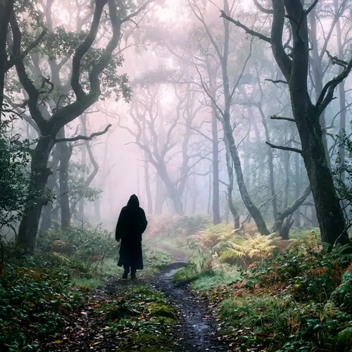 Enigmatic Silhouette Striding in Foggy Woodland | Ethereal Ambiance