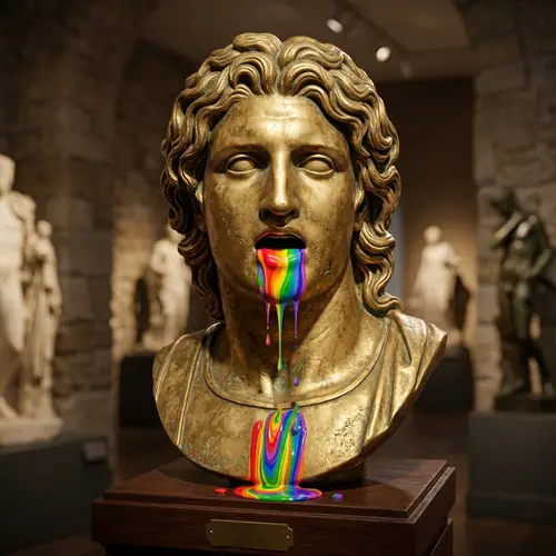 Golden Male Statue Bust with Rainbow Liquid