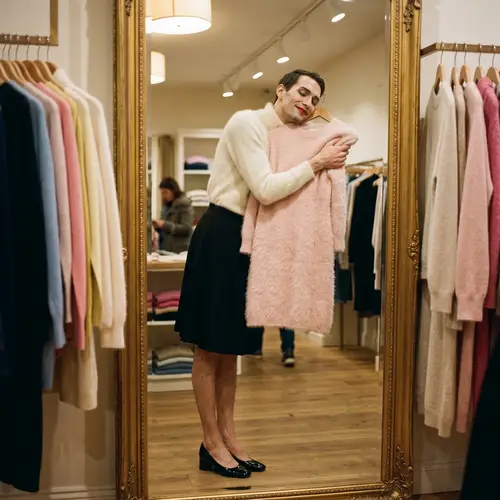 Feminized Slender Man in Bright Makeup Selects Fluffy Angora Dress