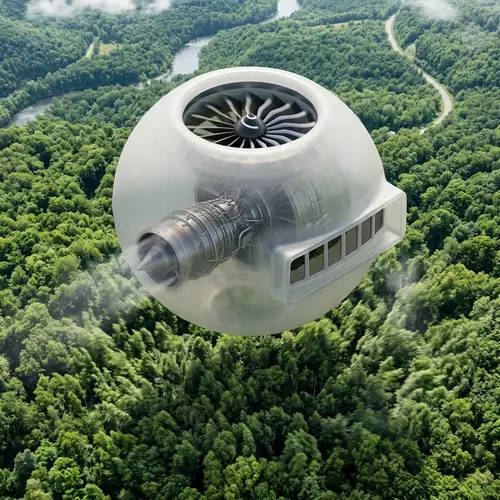 Photorealistic Isometric View of GE9X Aircraft Engine Flying Over Forest