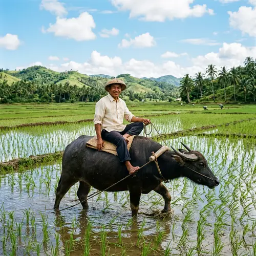 Filipino Man Riding Carabao in Rice Field