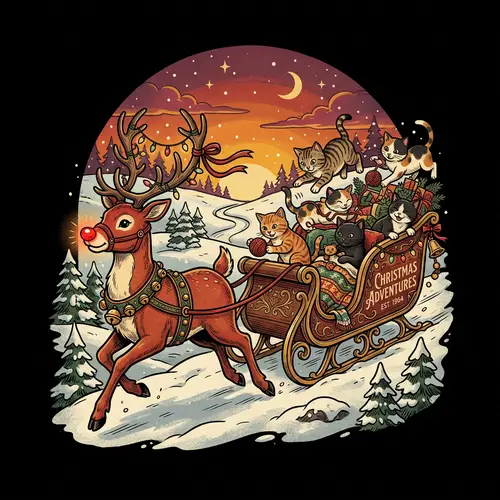 Vintage Red-Nosed Reindeer Leading Sleigh with Playful Cats