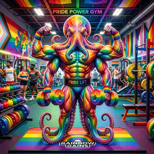 Muscular Octopus Gym Scene with Rainbow Colors
