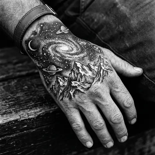 Hand Tattoo: Majestic Mountain & Space Elements | Ansel Adams-inspired