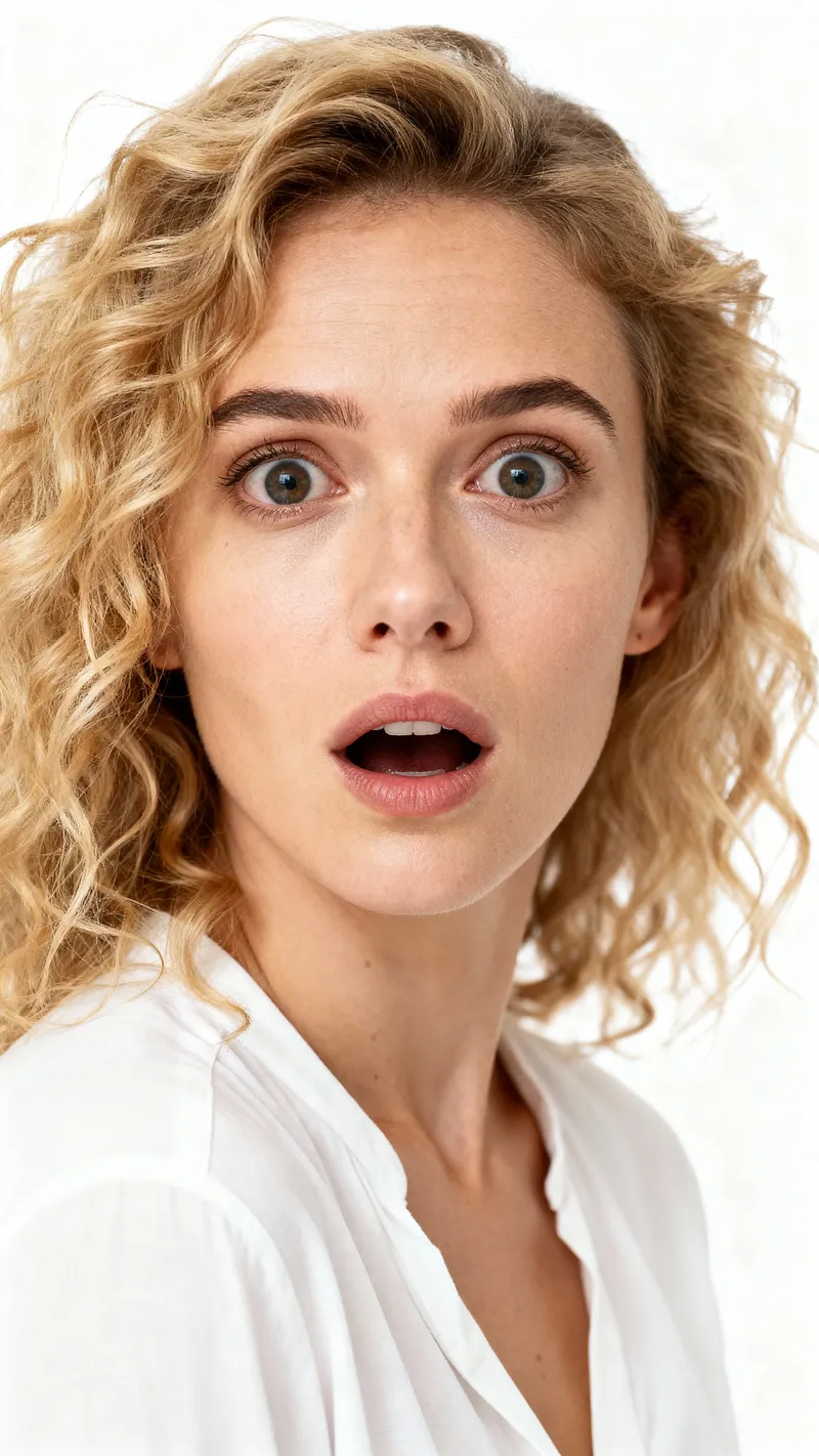 Surprised Blonde Woman in White Blouse - Stunning Shot