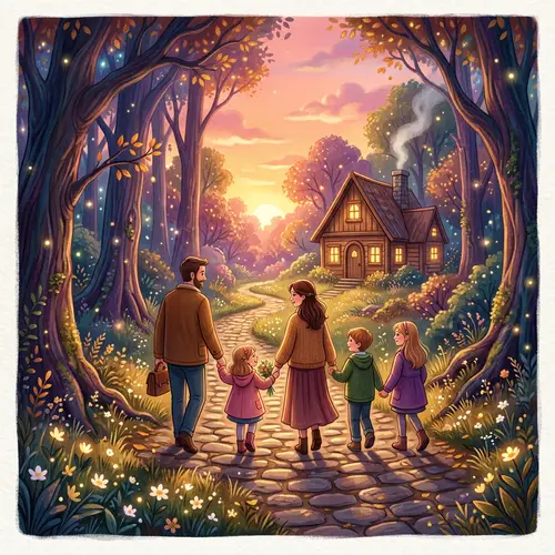 Magical Family Walk to a Cozy Cottage Illustration