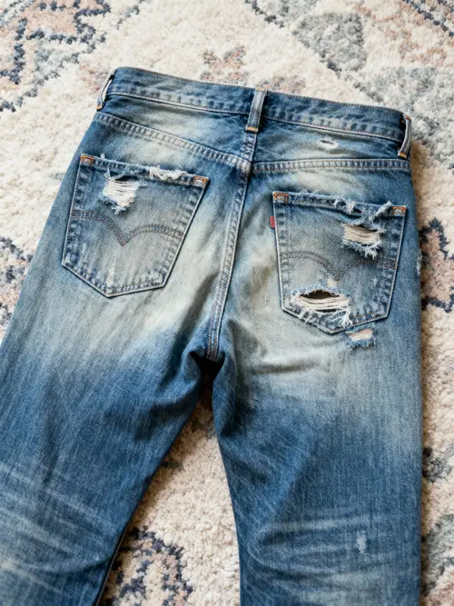 Distressed Blue Jeans with Fraying and Rips
