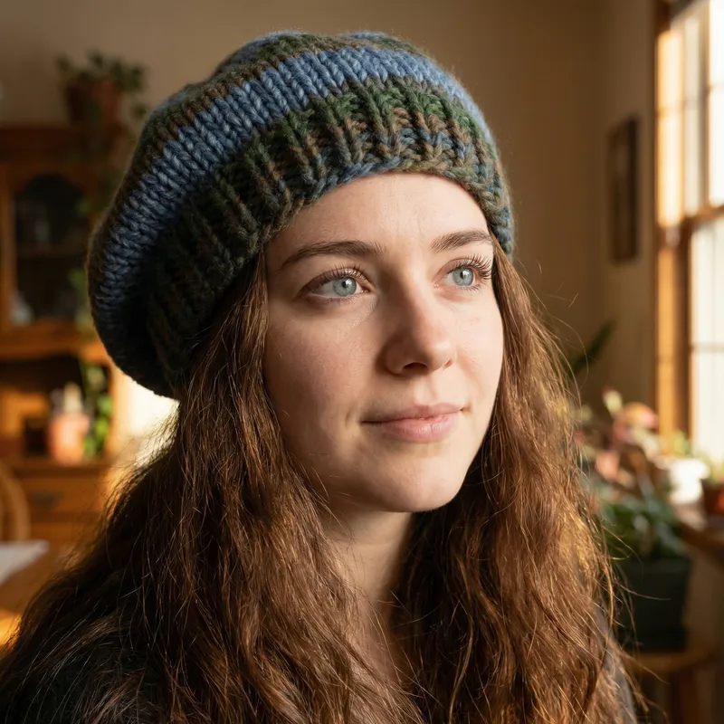 Thoughtful Young Woman in Knitted Beret Portrait Thoughtful Young Woman in Knitted Beret Portrait