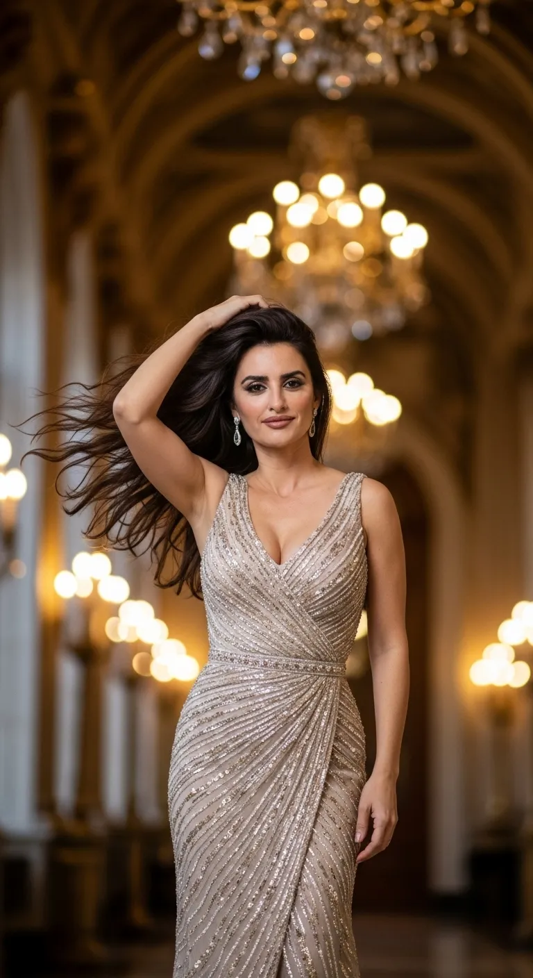 Elegant Mediterranean Beauty in Glamorous Gown