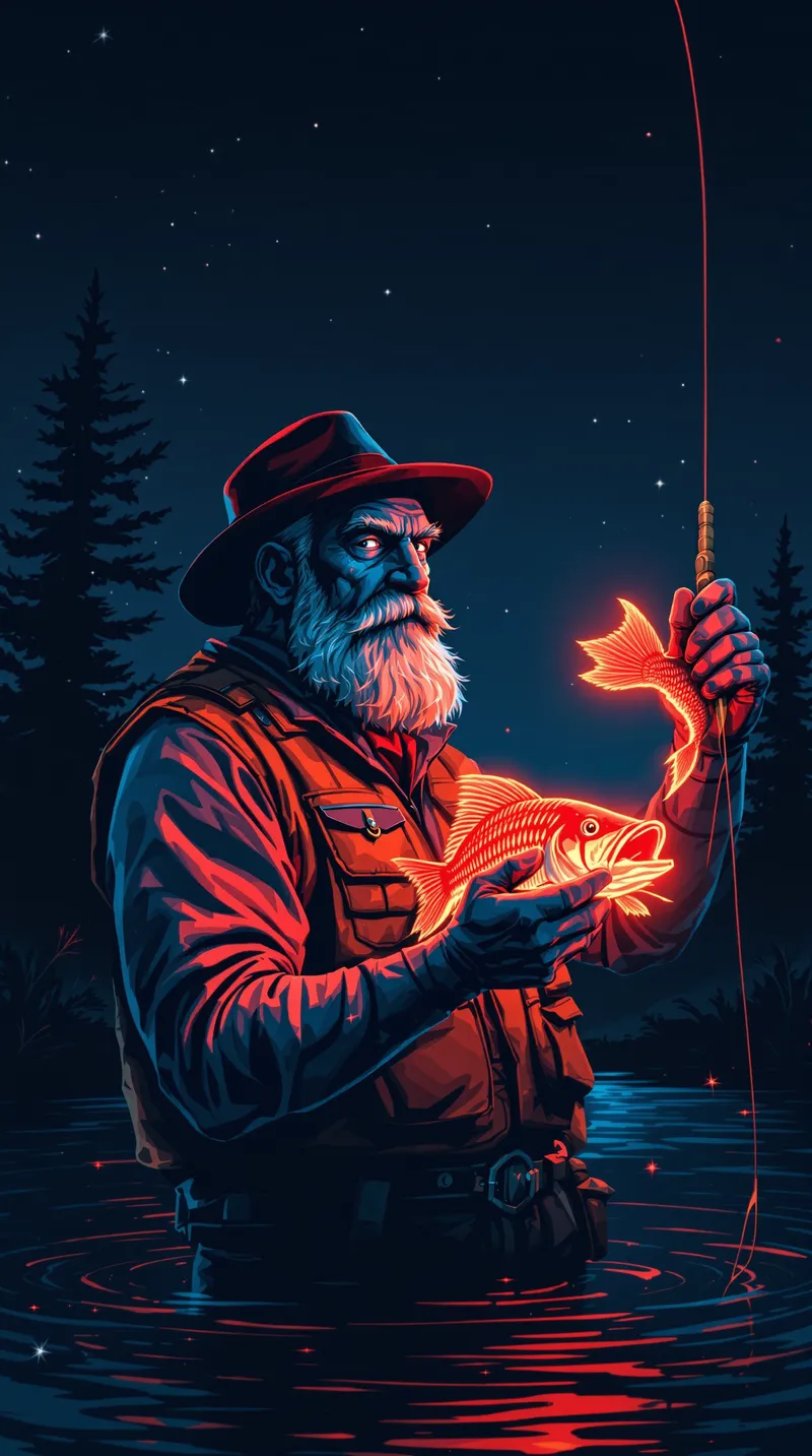 Neon-Lit Fisherman Art - Casino Style Illustration