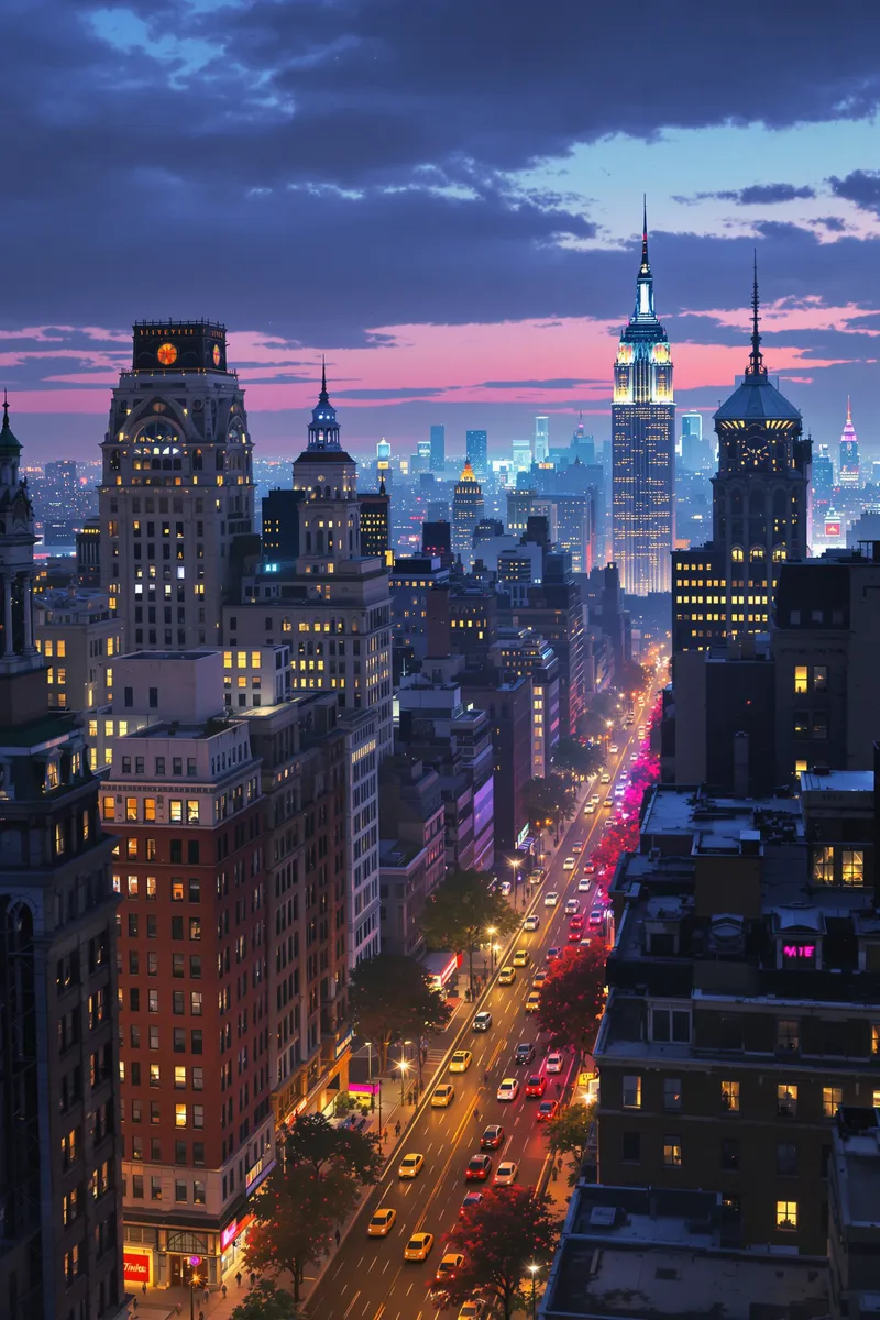 Realistic New York Night Street View from Roof
