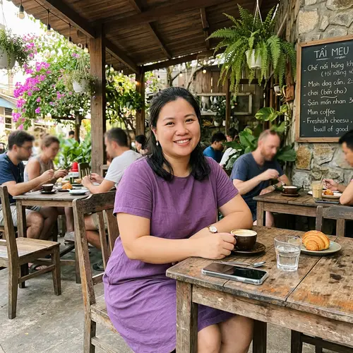 Charming Cafe Moments: A Relaxed Asian Woman