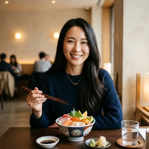 Beautiful 40-Year-Old Japanese Woman Enjoying Seafood