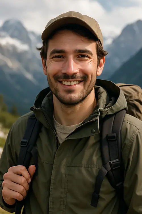 Brunette Traveler Smiling in Mountain Portrait