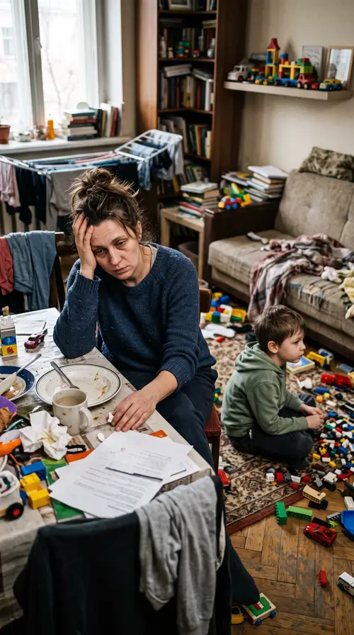 Overwhelmed Mom with Uninvolved Child in Messy Home