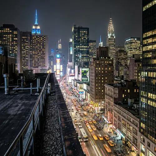 Realistic New York Night Street View from Roof